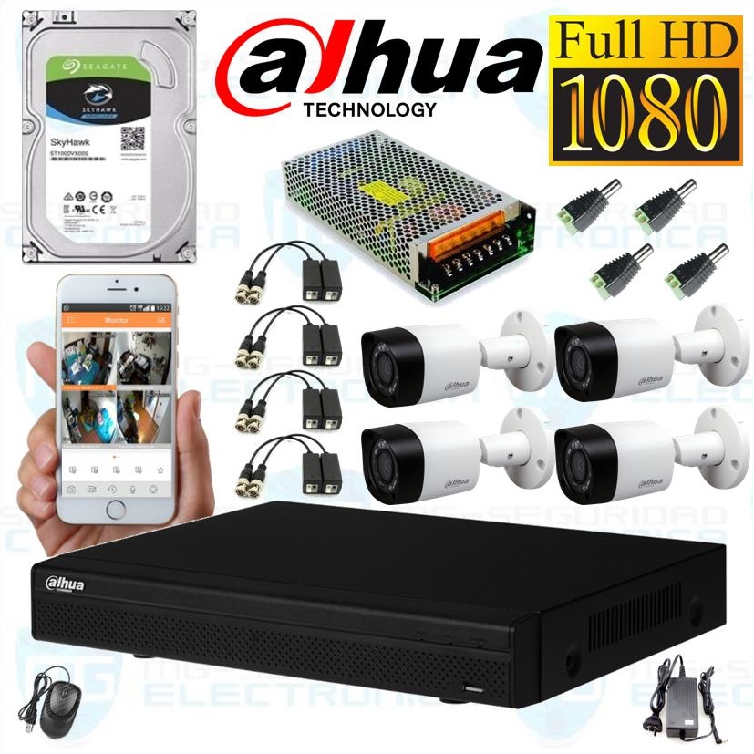 DVR, Disco 1 TB, 4 Cámaras bullet, balunes, fuente centralizada y conectores.